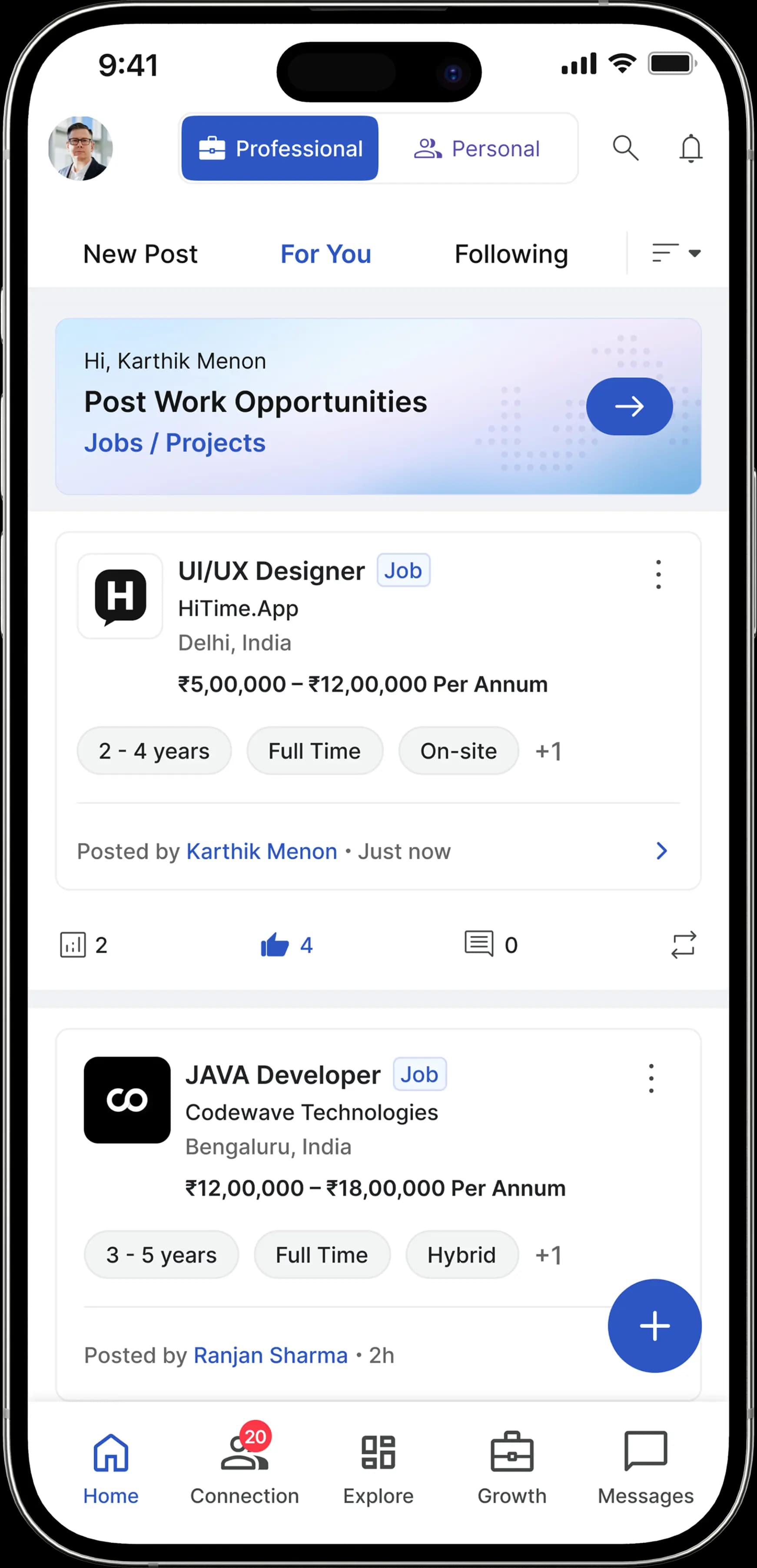 HiTime.App mobile preview showing professional and personal network modes